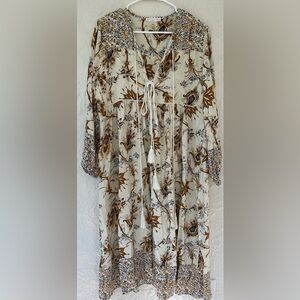 R. Vivimos long sleeve blue/beige cotton, prairie, boho maxi dress, tassels; M